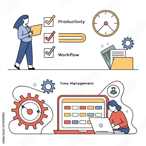 Vector illustration showcasing time management and productivity, featuring a woman with a laptop, clock, gear, and documents, emphasizing workflow optimization