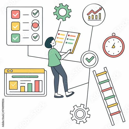 A handdrawn illustration depicting a person interacting with various productivity tools, including a checklist, graph, gear, clock, and ladder, symbolizing progress and efficiency
