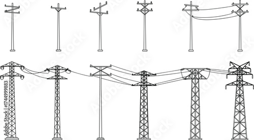 Utility poles and transmission towers, power line silhouettes, electricity infrastructure vector set, black engineering graphics, urban energy distribution artwork, electric grid design