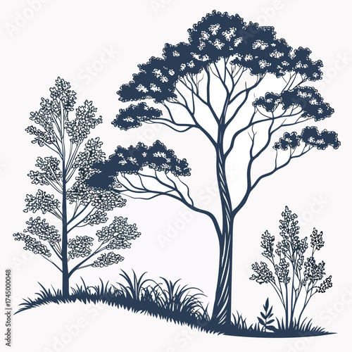 Silhouette of a group of trees on a hill the trees are of different sizes and shapes, and they are all bare the hill is covered in grass