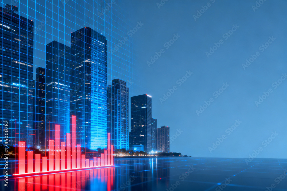 Fototapeta premium Modern city skyline with digital grid overlay