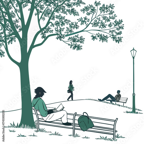 A serene park scene unfolds with a person engrossed in a book on a bench beneath a lush tree, while others leisurely stroll and relax, all bathed in the tranquility of natures embrace
