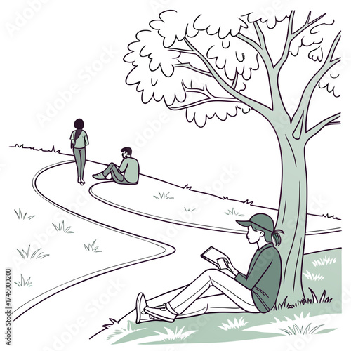 A serene outdoor scene with people relaxing under a tree, one engrossed in a tablet, creating a peaceful atmosphere of leisure and connection with nature