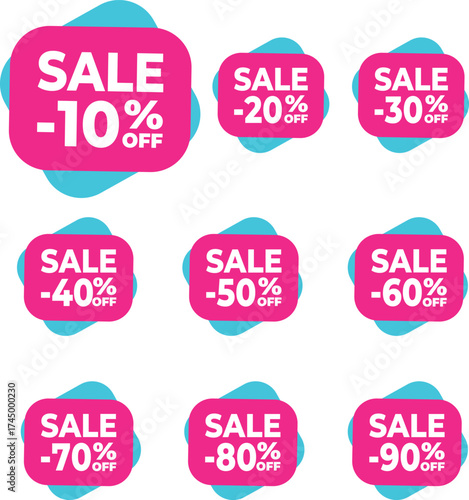 A set of vector discount stickers for printing and online stores. Flat pink and blue design with discount percentages of 10, 20, 30, 40, 50, 60, 70, 80, and 90%. Sale tags, price signs, special offer 