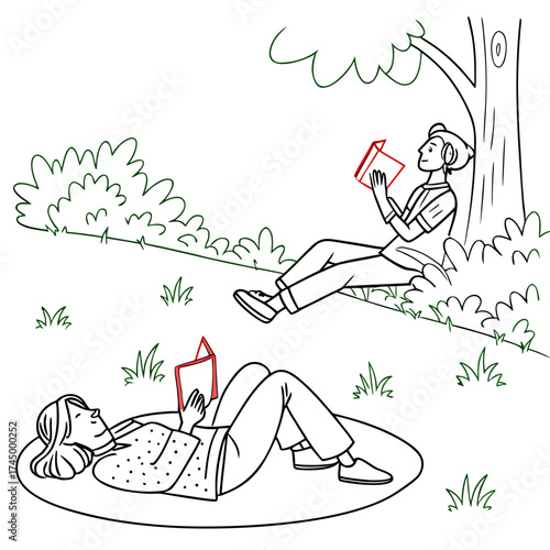 Illustration of people relaxing and reading books under a tree, enjoying a peaceful moment in nature, promoting relaxation and leisure
