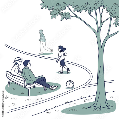 Illustration of people enjoying a day in the park, with individuals sitting on a bench, walking, and playing ball under a tree, creating a lively scene