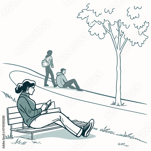A tranquil park scene depicts a woman relaxing on a bench while using her phone, with other people strolling and sitting nearby