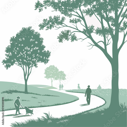 A serene park scene unfolds with individuals strolling along a winding path, accompanied by their canine companions, beneath the shade of lush trees