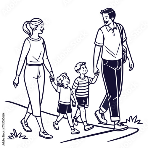 A happy family of four is walking together, the parents are holding hands with their two children, enjoying a leisurely stroll in a park or neighborhood