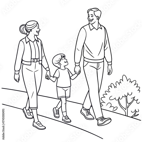 Illustration of a family of three walking together, the parents and child are holding hands, enjoying a stroll in casual clothes, happy and smiling