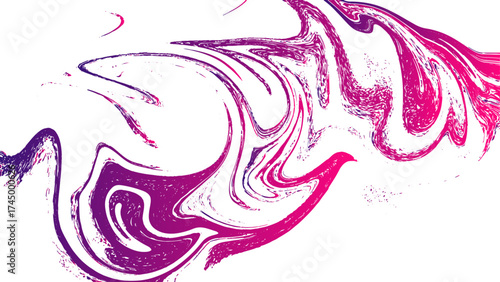 Abstract fluid digital art with marbled paint effect featuring dynamic swirls of magenta, hot pink, and deep violet. Smooth gradient flows across white space, creating vibrant, modern, and energetic