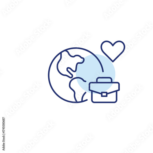 Earth, briefcase and heart. Global business, sustainable work and ethical enterprise. Pixel perfect, editable stroke vector icon