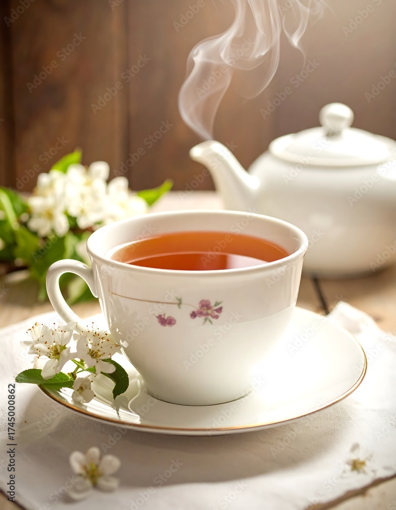 Fototapeta premium Steaming cup of tea with a teapot and blossoms