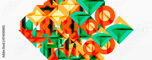 Abstract geometric shapes overlap, creating vibrant colorful composition. Bold lines, angles define dynamic visual texture.
