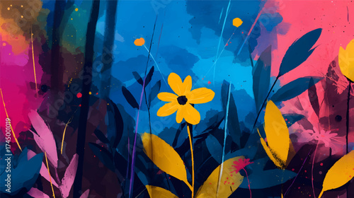 Abstract illustration of a woman with long hair against a colorful, wavy background.