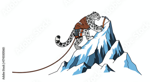 Snow Leopard Climbing a Snowy Mountain Peak.