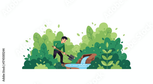 Man digging in a lush green forest with a shovel near a stream.