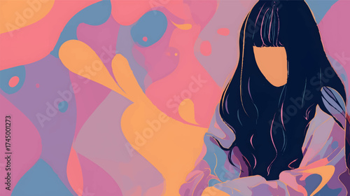 Abstract illustration of a woman with long hair against a colorful, wavy background.