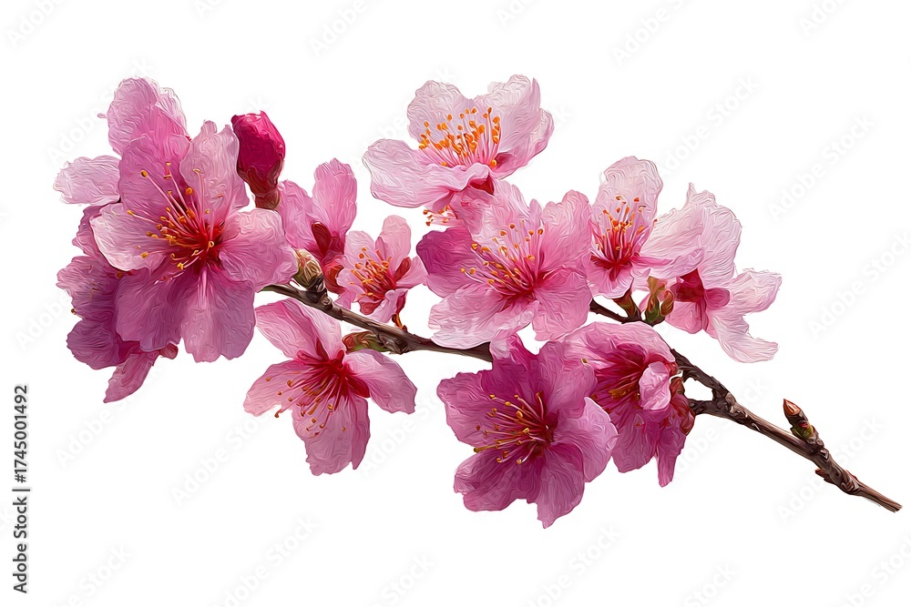 Naklejka premium Blooming Pink Cherry Blossom Branch Isolated on White Background Decorative Element