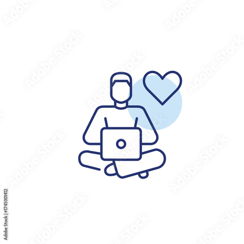Man working at laptop remotely and heart. Customer support, remote user care. Pixel perfect, editable stroke vector icon