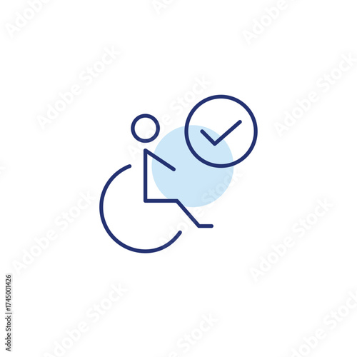 Person in wheelchair and checkmark. Certified accessibility, inclusive place. Pixel perfect, editable stroke vector icon