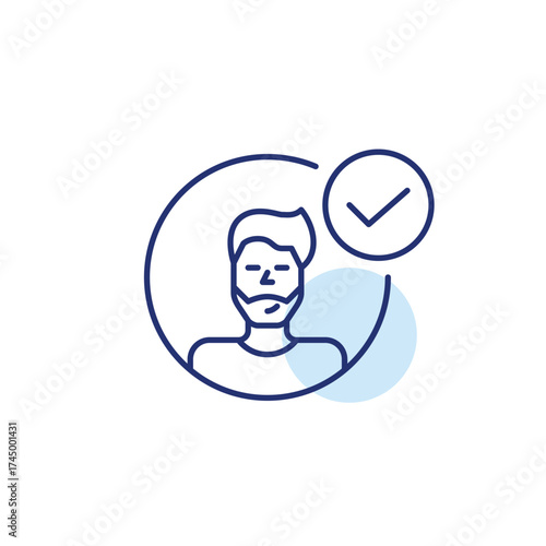 Man with beard and checkmark, verified access, secure profile. Pixel perfect, editable stroke vector icon