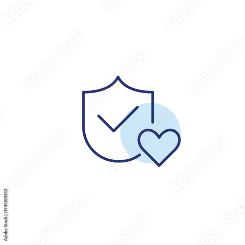 Shield, checkmark and heart. Protected with care. Pixel perfect, editable stroke vector icon