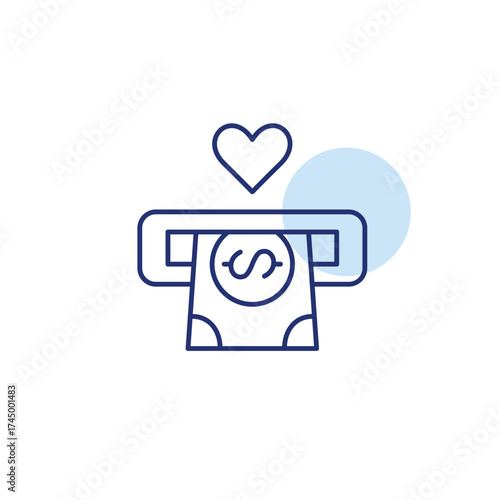 Dollar bill in ATM slot and heart. Secure banking, caring finances. Pixel perfect, editable stroke vector icon