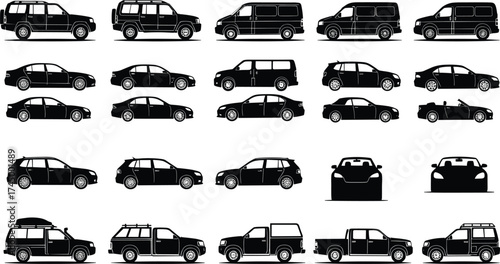 Vehicle silhouettes, car vector set, SUV sedan van truck convertible hatchback, black automotive illustration, transport icons, side view, automobile collection