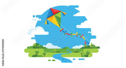Colorful Kite Flying High in the Blue Sky.