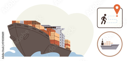 Large cargo ship loaded with containers sailing on water, navigation and tracking icons. Ideal for shipping, logistics, transportation, trade, networking, technology international business. Simple