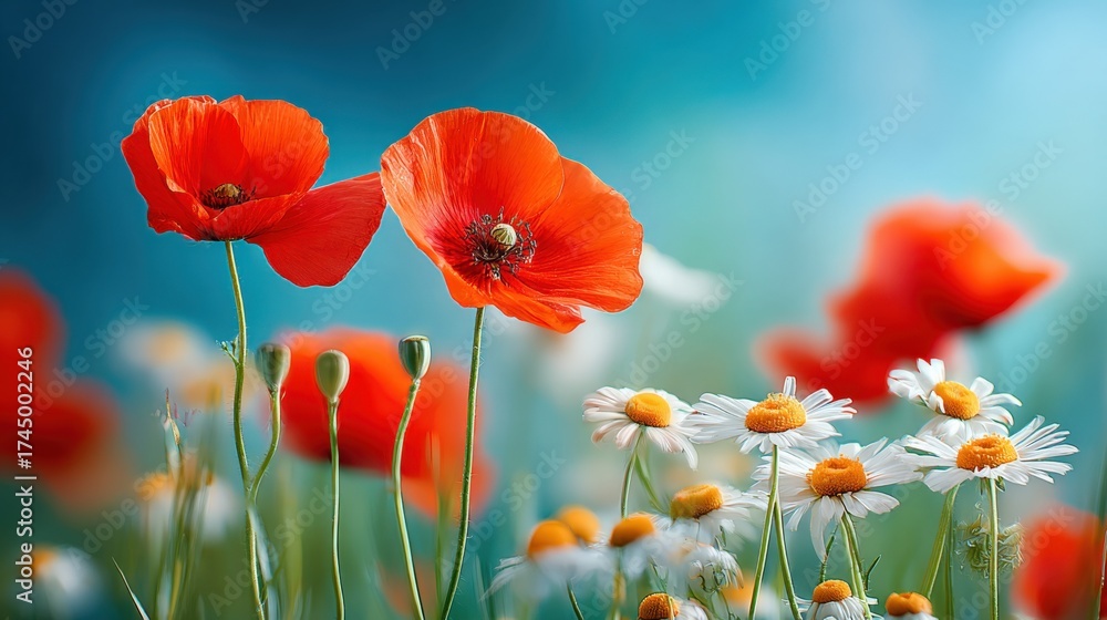 Fototapeta premium Vibrant Poppy and Daisy Meadow: A Summer Floral Landscape with Warm Red Accents
