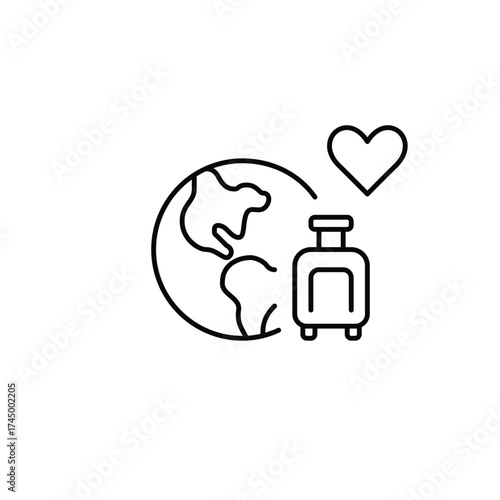 Earth, wheeler suitcase and heart. Global travel blogging. Eco-friendly living. Pixel perfect, editable stroke vector icon