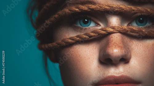 The face of a blue-eyed girl tied with a rope - concept poster background. 