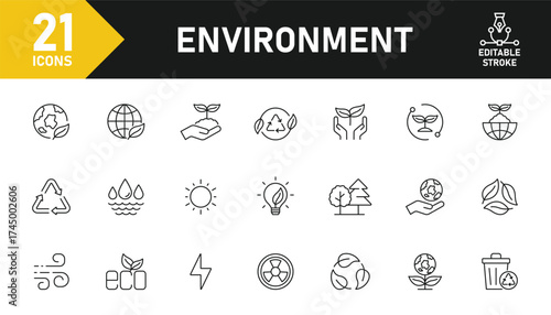 Environment line icon set. Set of 21 outline icons related to environment, eco, nature, green, energy, net zero, earth, recycling and others. Editable stroke. Vector illustration.
