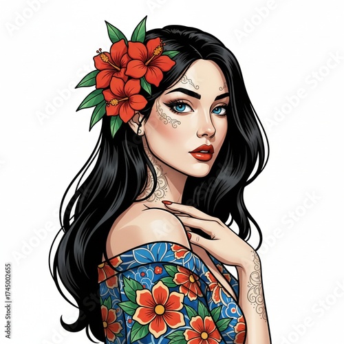 Beautiful serene woman with flowers in her hair looking to the side against a white background