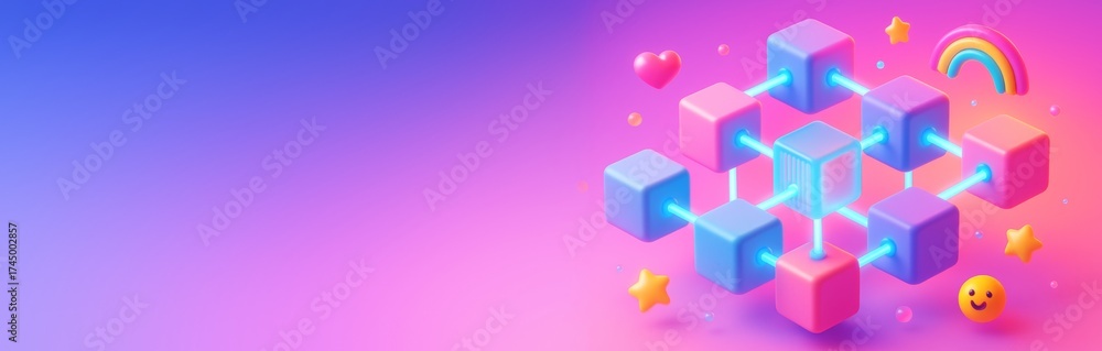 Obraz premium Colorful blockchain cube network with smiley face, heart and rainbow on vibrant pink purple background with copyspace for creative banner design. Ai generative