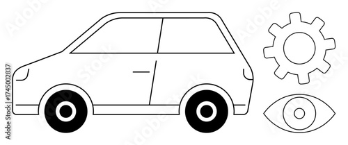 Car outline with a gear and an eye symbolizes advanced vehicle systems and AI. Ideal for technology, automation, transportation, innovation, AI, mechanics, future trends. Simple flat metaphor