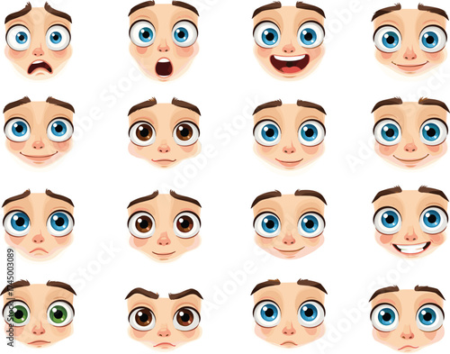 Cartoon facial expressions, emotional faces grid, human emotions illustration, happy sad angry surprised confused, character design reference, vector art