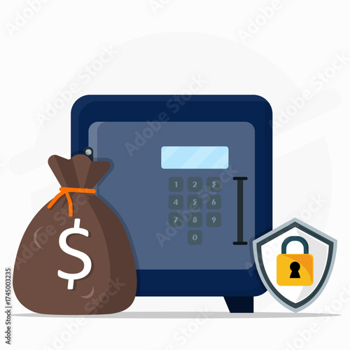 Bank or safe deposit box on protection concept. Money storage secure with sign guard. 