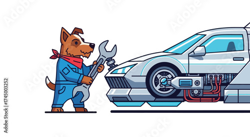 Anthropomorphic dog mechanic working on a futuristic car with a wrench.