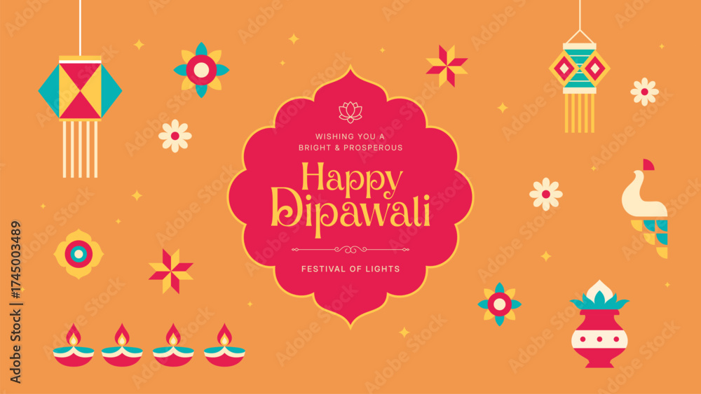 Fototapeta premium Festive Diwali Background - Warm Yellow Indian Design with Hanging Lanterns and Diyas