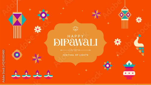 Vibrant Diwali Celebration Background - Orange Festival Design with Diyas, Lanterns, and Floral Elements