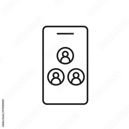 A vector icon showing a mobile app interface with user avatars, representing a wellness community platform, created in line style with editable stroke