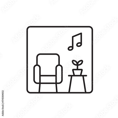 A vector icon showing a room with music and plants, representing a multisensory relaxation space, created in line style with editable stroke