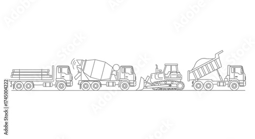 Vector line art illustration of construction vehicles including a flatbed, concrete mixer, bulldozer, and dump truck, white background