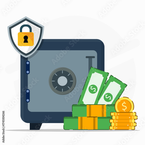 Bank or safe deposit box on protection concept. Money storage secure with sign guard. 