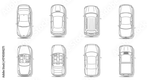 Vector illustration of car body types in outline style from top view, white background