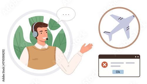 Customer support agent engaged in conversation about canceled flight. Plane icon and error notice shown. Ideal for travel services, customer support, problem-solving, logistics, aviation