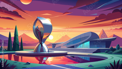 Very beautiful Sleek modern architecture meets serene landscape. Chrome sculpture reflecting a vibrant sunset sky. Ideal for concepts of innovation, reflection, and contemporary design